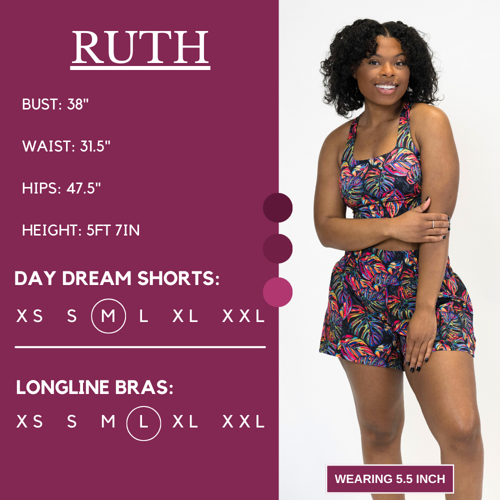 Model’s measurements of 38” bust, 31.5” waist, 47.5” hips and height of 5 ft 7 inches. She is wearing a size medium in our day dream shorts and a size large in our longline bras