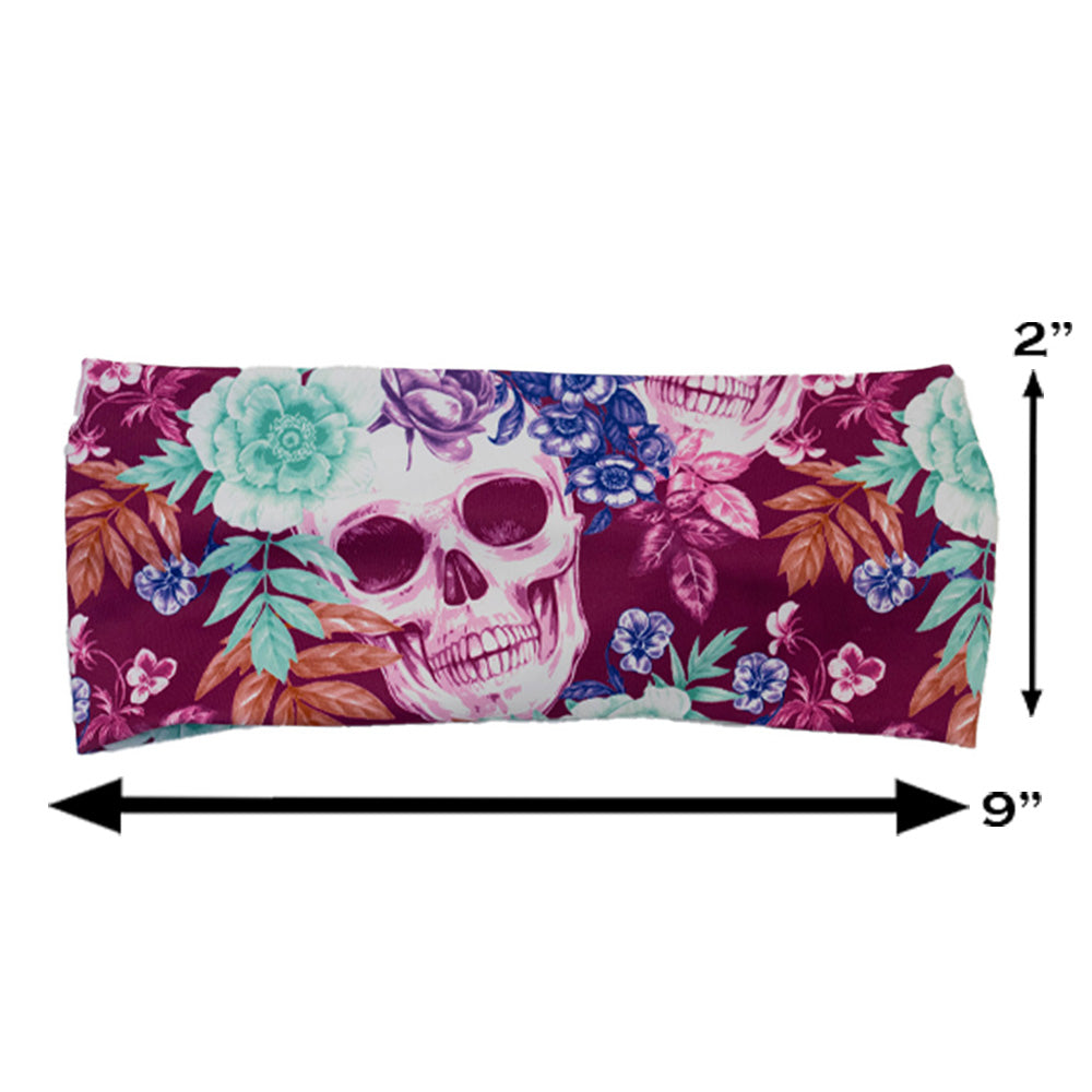 skull and flower patterned headband measured at 2 by 9 inches