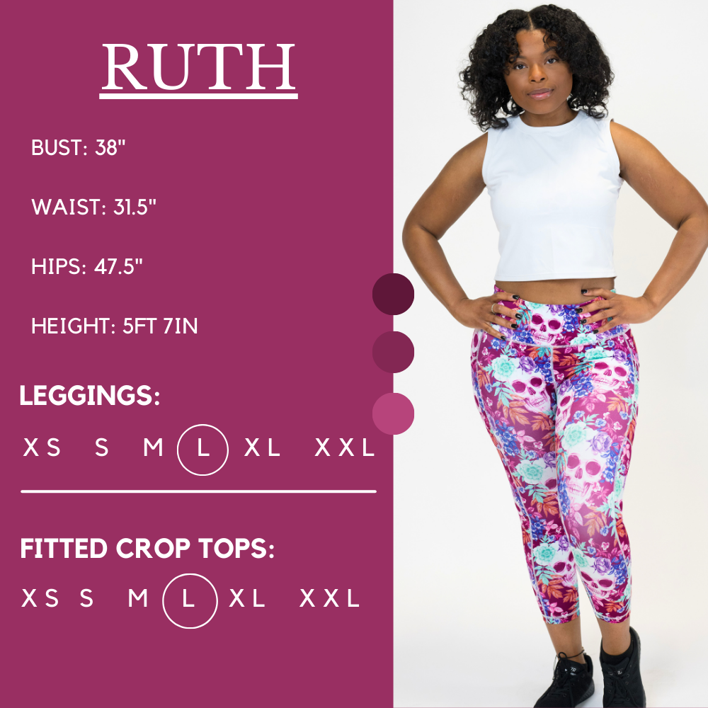 Model’s measurements of 37.5” bust, 31.5” waist, 47.5” hips and height of 5 ft 7 inches. She is wearing a size extra large in our leggings