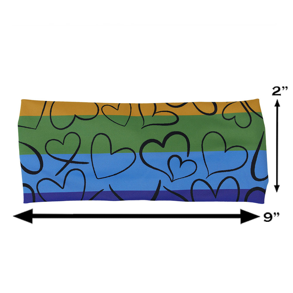 rainbow and heart outlines patterned headband measured at 2 by 9 inches
