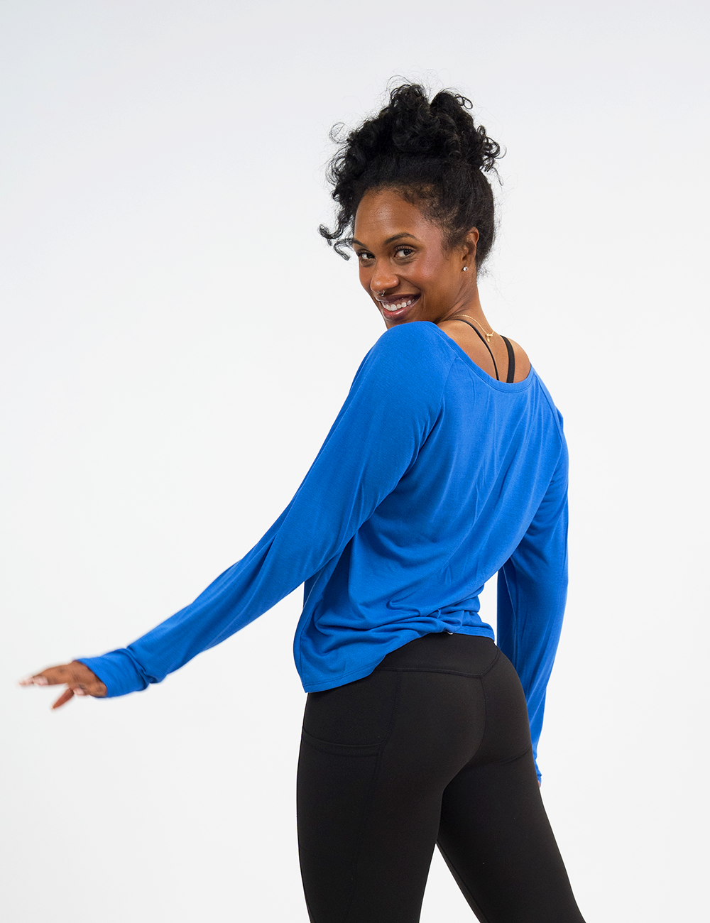 back of the true blue slouchy long sleeve tee with black leggings