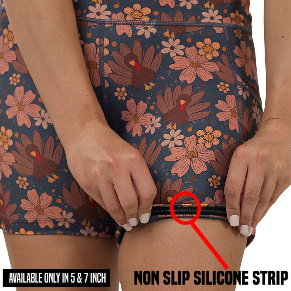non slip strip on the shorts with turkey and floral pattern