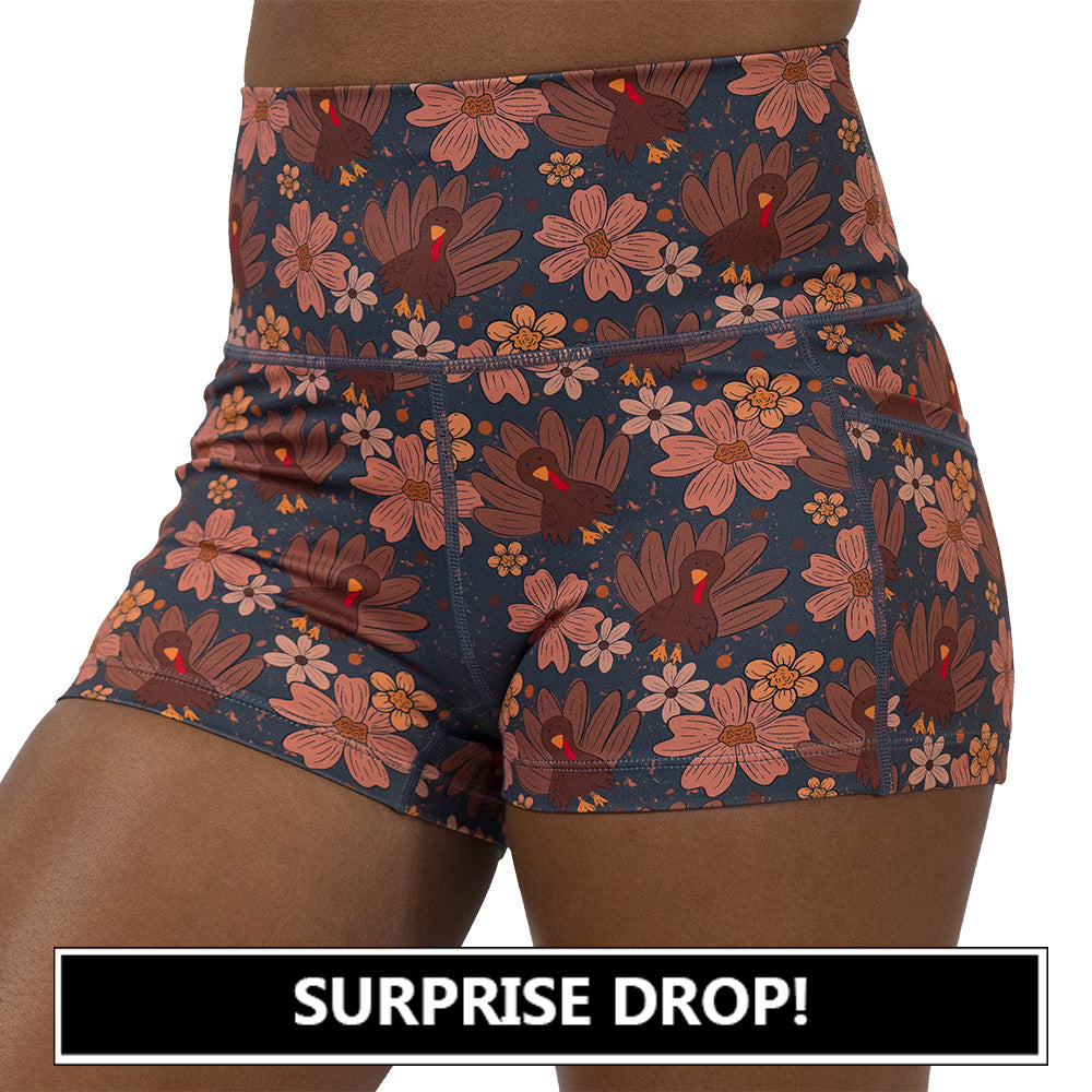 shorts with turkey and floral pattern