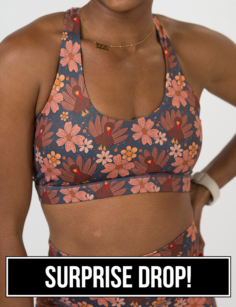 front of the turkeys over a blue background sports bra, surprise drop