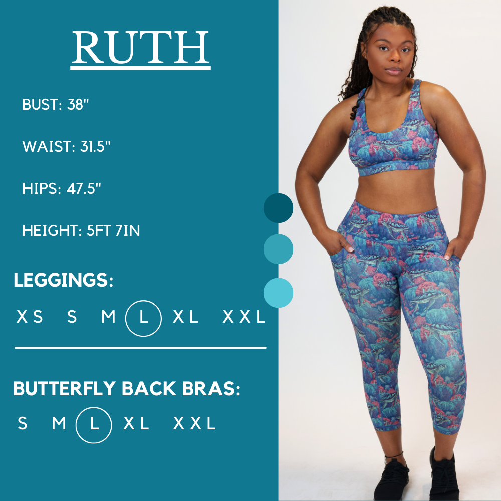 Model’s measurements of 37.5” bust, 31.5” waist, 47.5” hips and height of 5 ft 7 inches. She is wearing a size large in our leggings and butterfly back bra