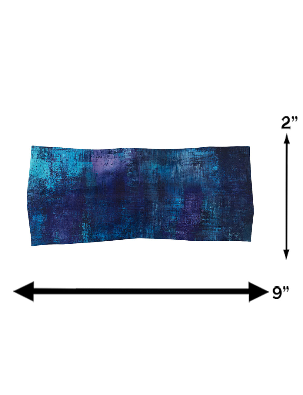 measurement chart for the blue, teal, and purple grunge concrete pattern headband, measurements are 2 inches by 9 inches