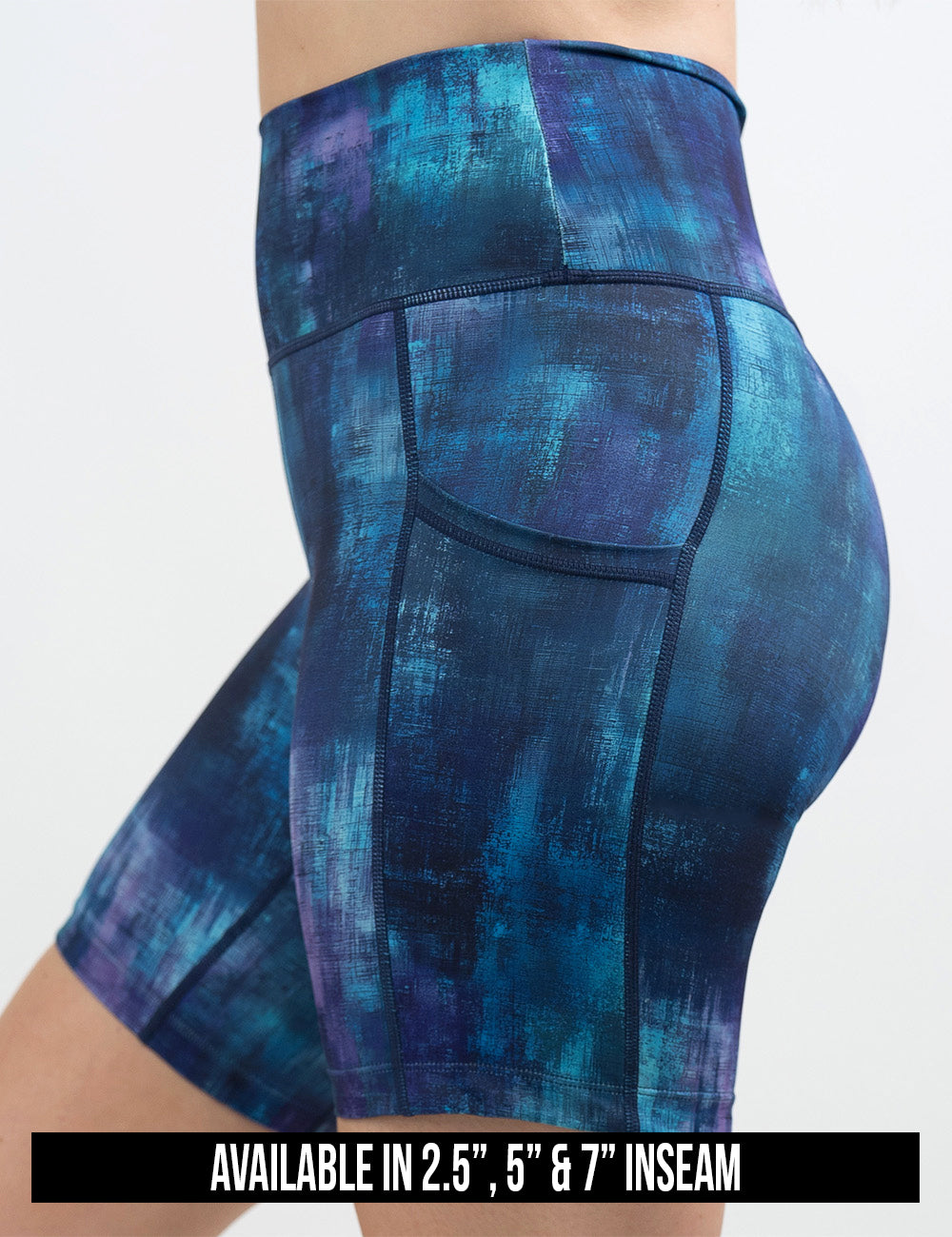 available inseam lengths for the blue, teal, and purple grunge concrete pattern shorts, lengths include 2.5, 5, and 7 inches
