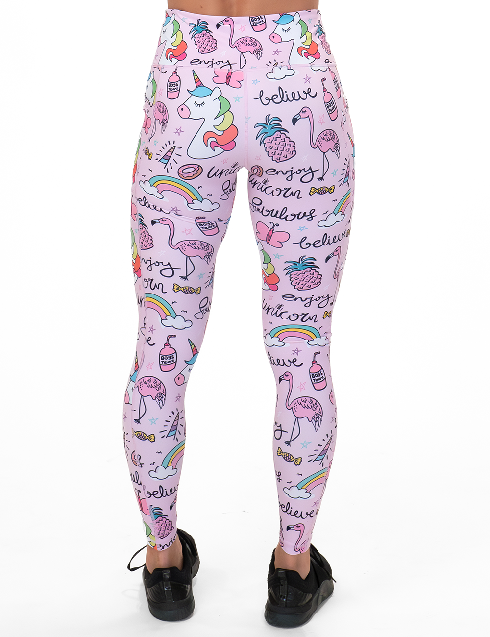 back of the pink unicorn and colorful icons print leggings against a white background