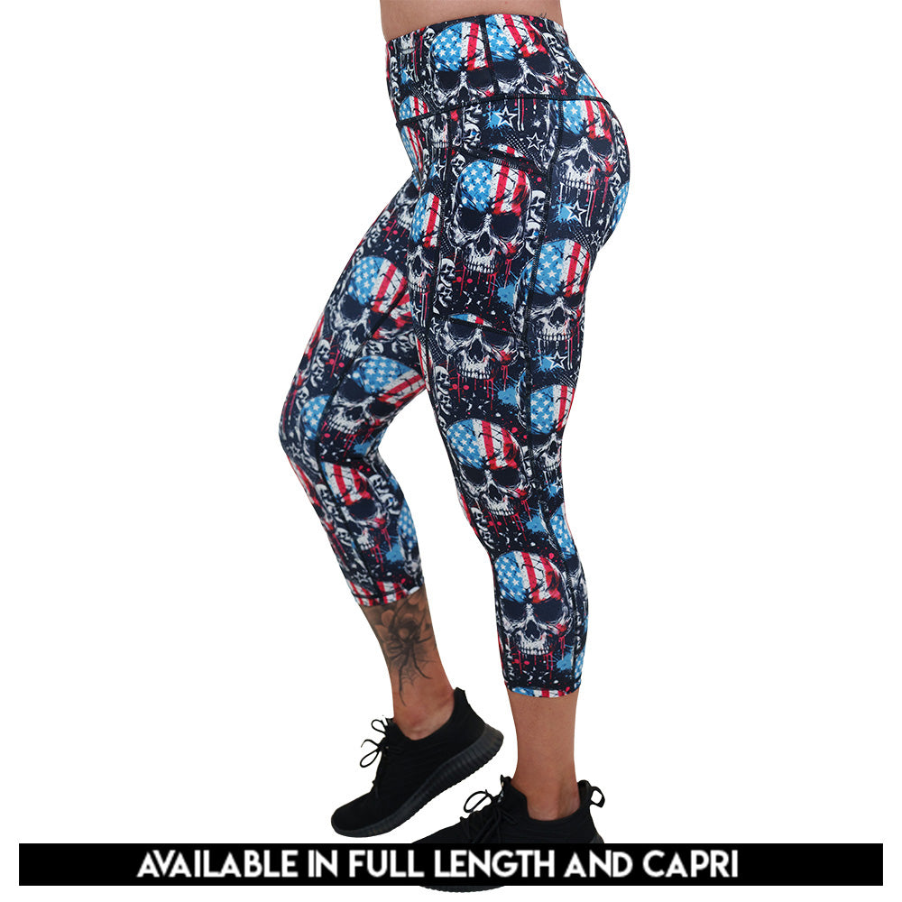 red, white and blue skull patterned leggings available in full and capri lengths