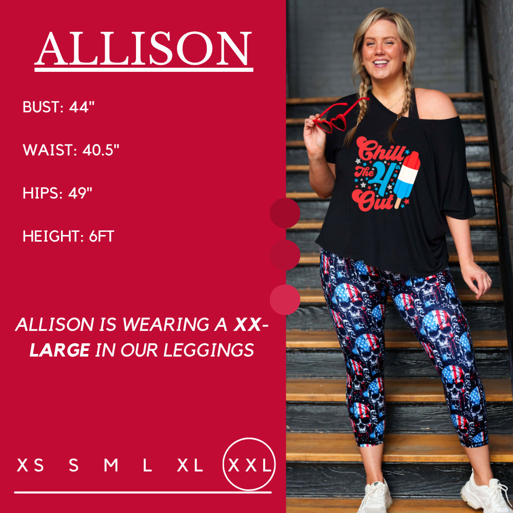 Model's measurements of 44 inch bust, 40.5 inch waist, 49 inch hips, and height of 6 foot. She is wearing a size xx-large in our leggings