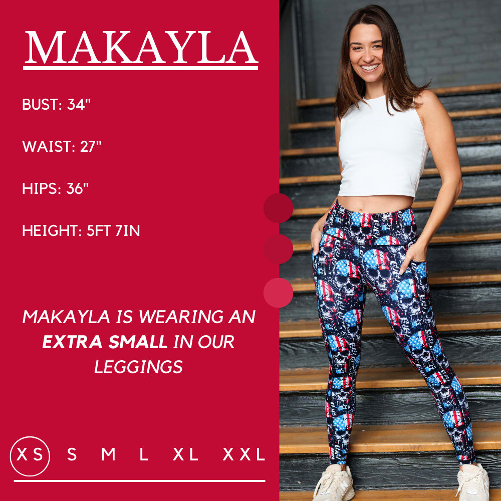 Model’s measurements of 34” bust, 27” waist, 36” hips and height of 5 ft 7 in. She is wearing a size x-small in our leggings and a size extra small