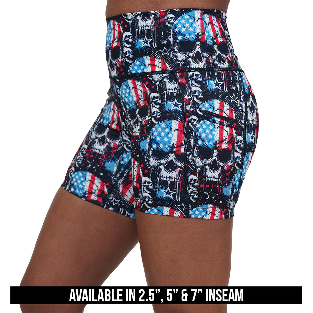 red, white and blue skull patterned shorts available in 2.5, 5 & 7 inch inseams