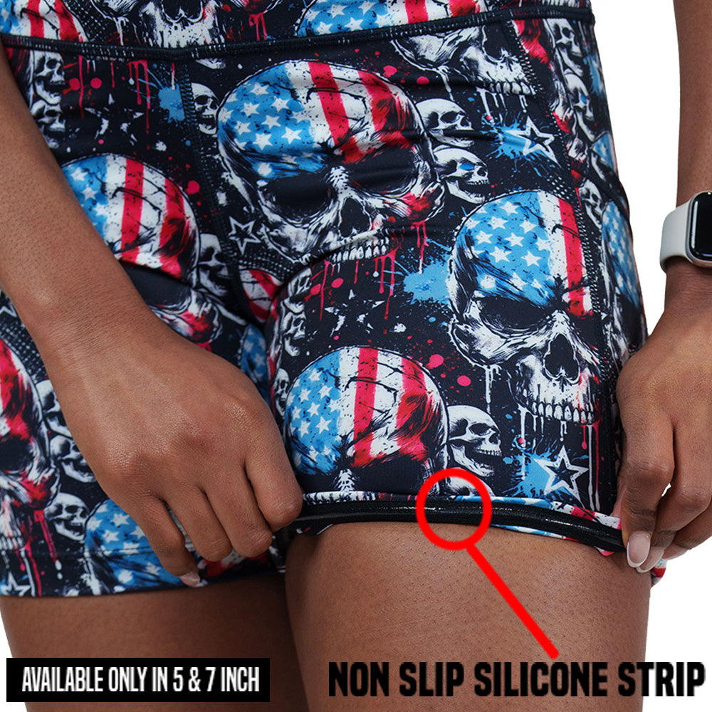 non slip strip on the red, white and blue skull patterned shorts