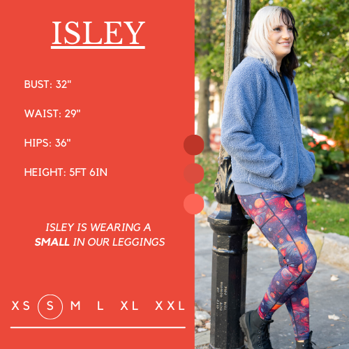 Model’s measurements of 32” bust, 29” waist, 36” hips and height of 5 ft 6 inches. She is wearing a size extra small in our leggings