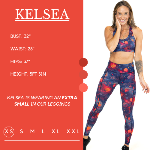 Model’s measurements of 32” bust, 28” waist, 37” hips and height of 5 ft 5 inches. She is wearing a size extra small in our leggings