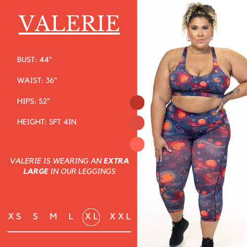 Model’s measurements of 44” bust, 36” waist, 52” hips and height of 5 ft 4 inches. She is wearing a size extra large in our leggings
