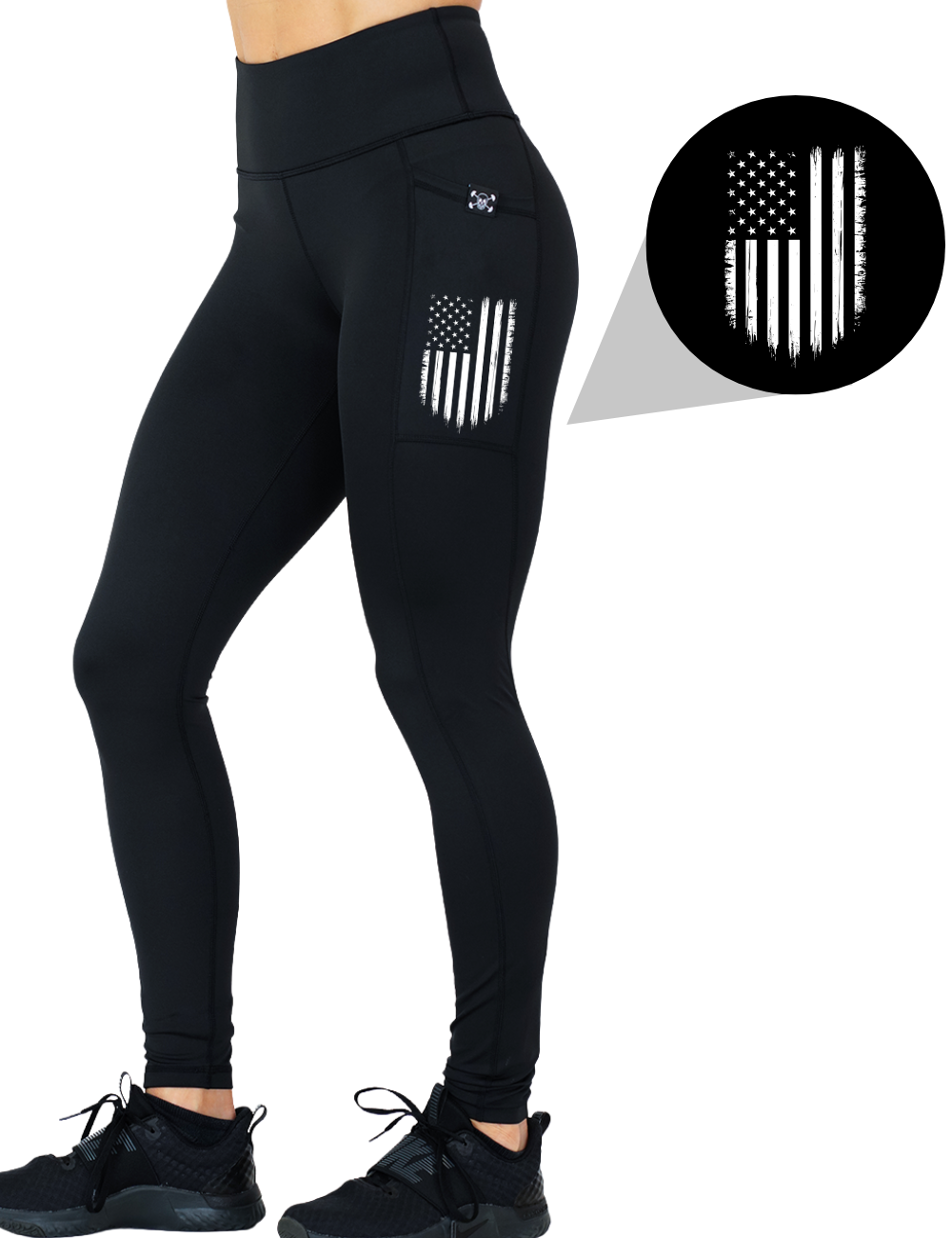 model wearing the american flag graphic full length solid black leggings against a white background