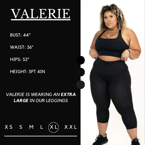 Model's measurements of 44 inch bust, 36 inch waist, 52 inch hips, and height of 5 foot 4 inches. She is wearing a size extra large in these leggings.