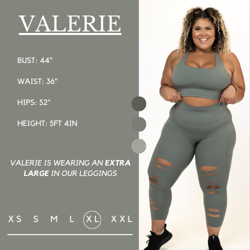 Model's measurements of 44 inch bust, 36 inch waist, 52 inch hips, and height of 5 foot 4 inches. She is wearing a size extra large in these leggings.