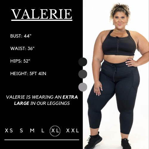 Model’s measurements of 44” bust, 36” waist, 52” hips and height of 5 ft 4 inches. She is wearing a size extra large in our leggings