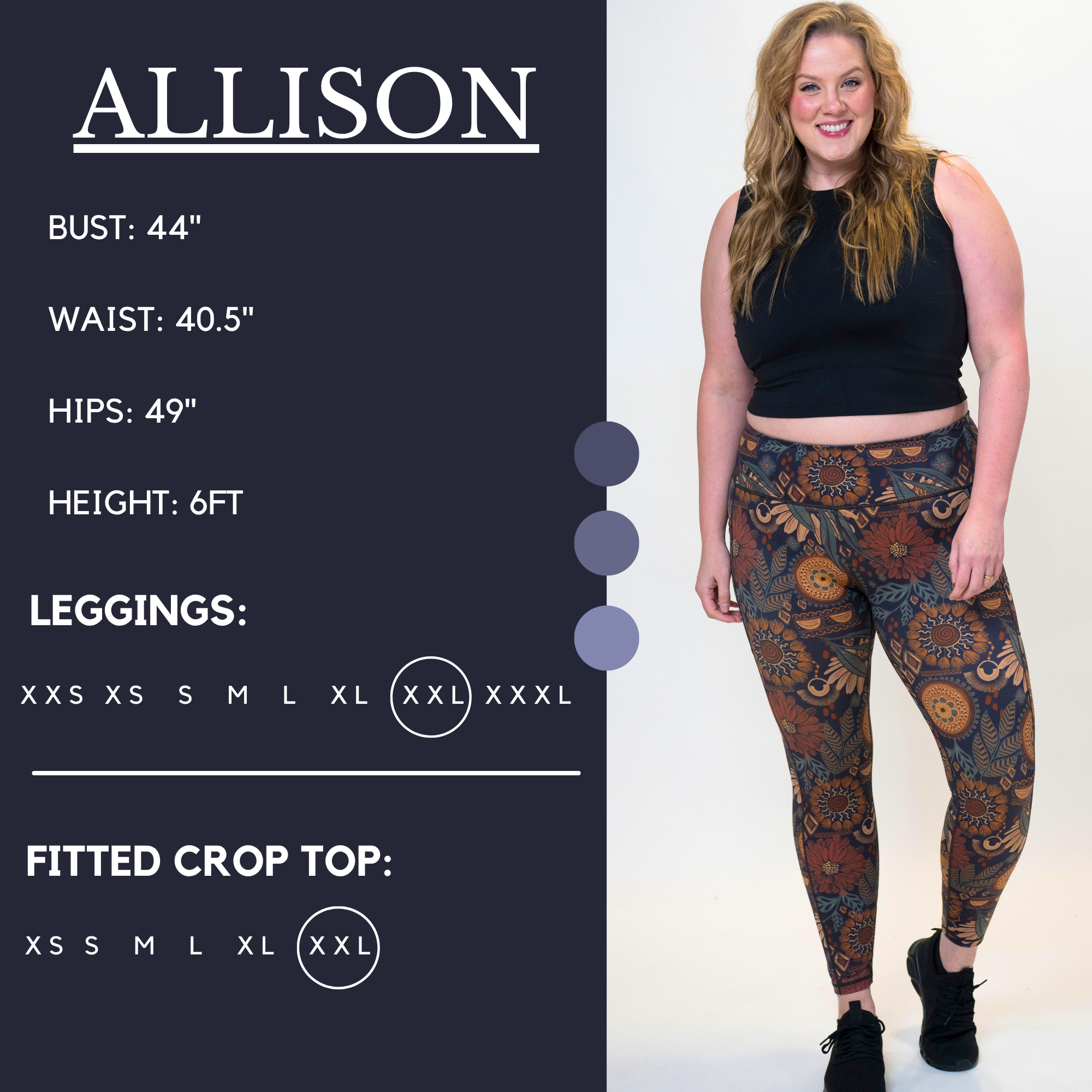 Model's measurements of 44 inch bust, 40.5 inch waist, 49 inch hips, and height of 6 foot. She is wearing a size xx-large in our leggings