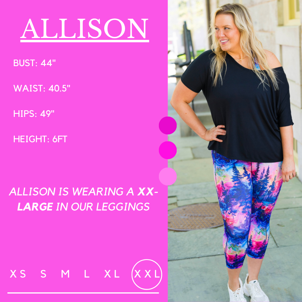 Model's measurements of 44 inch bust, 40.5 inch waist, 49 inch hips, and height of 6 foot. She is wearing a size xx-large in our leggings