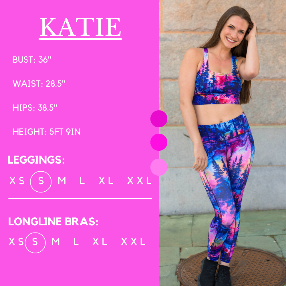 Model’s measurements of 36” bust, 28.5” waist, 38.5” hips and height of 5 ft 9 inches. She is wearing a size small in our leggings