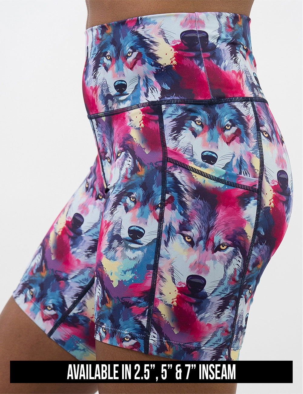 available inseam lengths for the red, white, blue, and yellow wolves shorts, lengths include 2.5, 5, and 7 inches