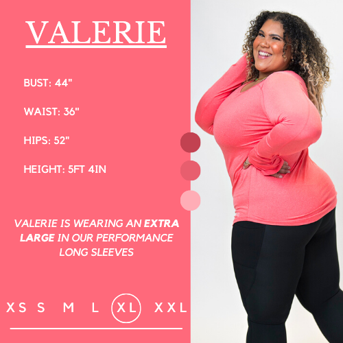 Graphic of a model showing her measurements and what size she wears for the shirt Her bust is 44 inches, waist is 36 inches, hips are 52 inches, and height is 5 feet and 4 inches.