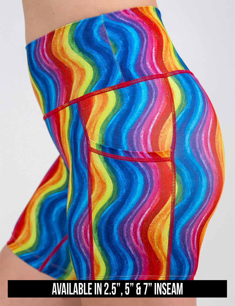 available inseam lengths for the rainbow waves shorts, lengths include 2.5, 5, and 7 inches