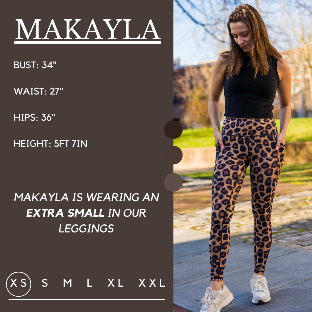 Model’s measurements of 34” bust, 27” waist, 36” hips and height of 5 ft 7 in. She is wearing a size x-small in our leggings