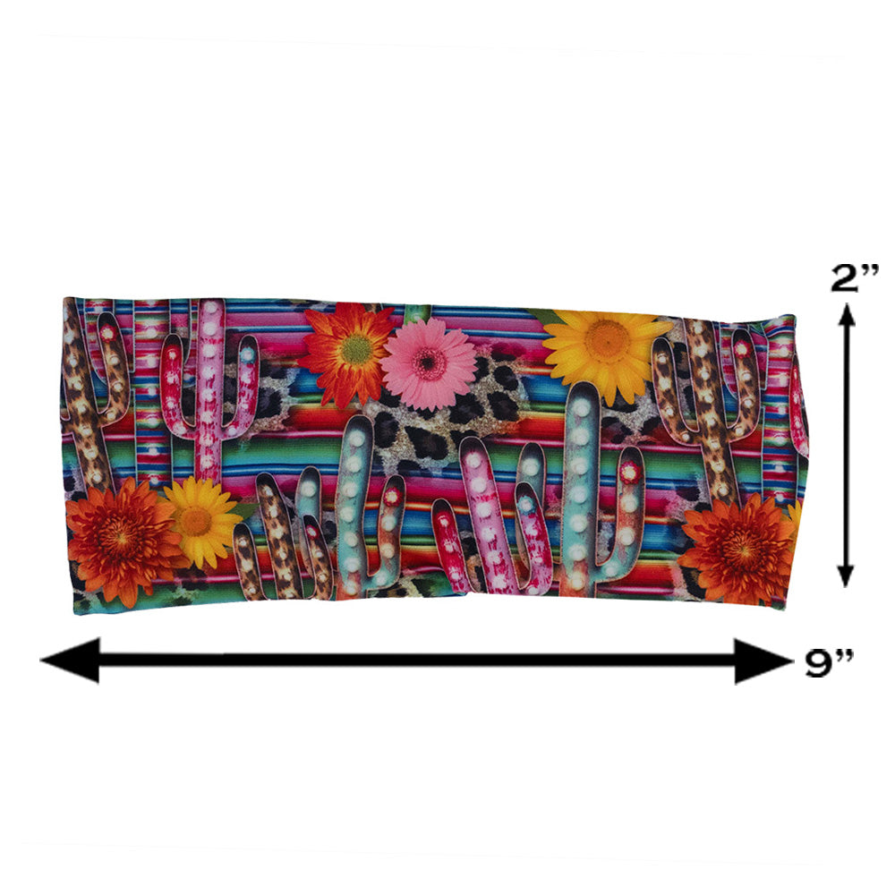 colorful cactus and flower print headband measured at 2 by 9 inches