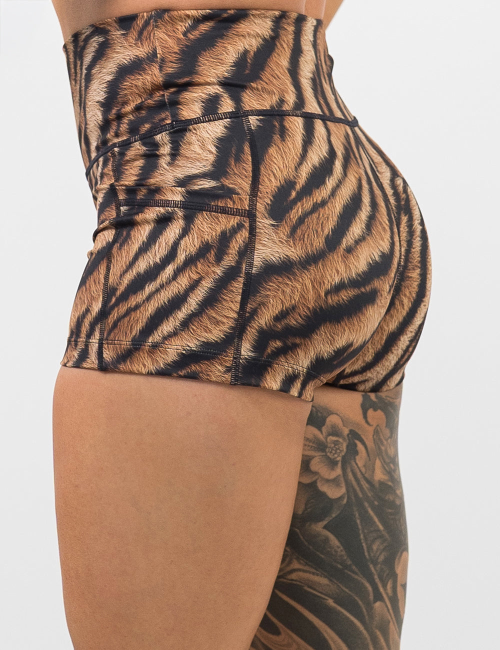 back of the tiger print 2.5 inch shorts against a white background