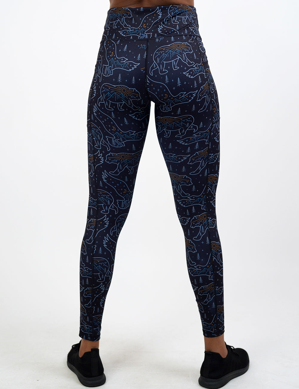 back of the full length bird and bear outlines leggings against a white background