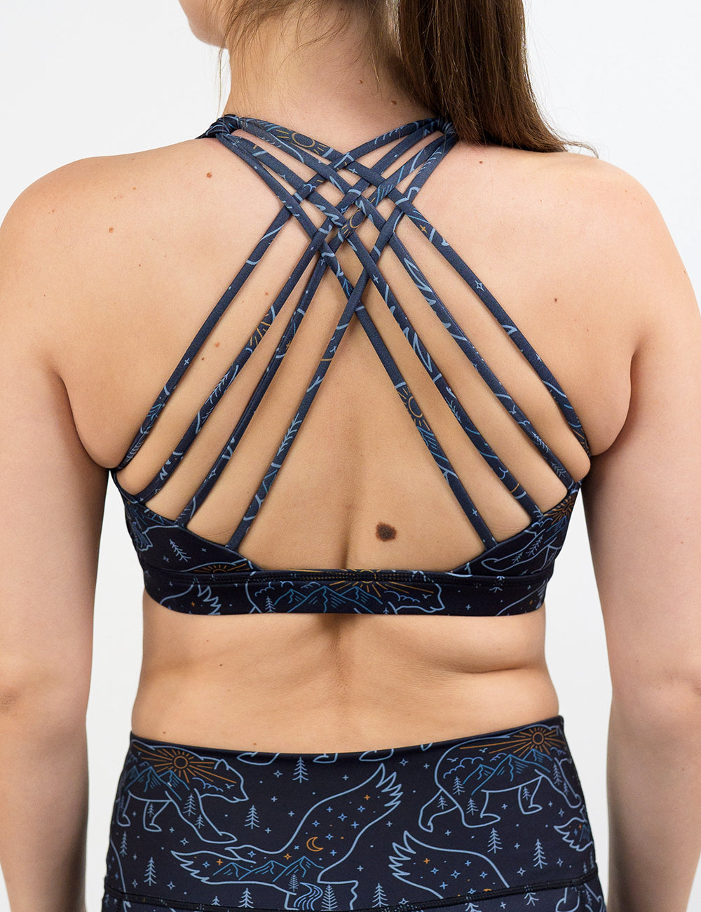 back of the bird and bear outlines against a dark background butterfly back bra against a white background