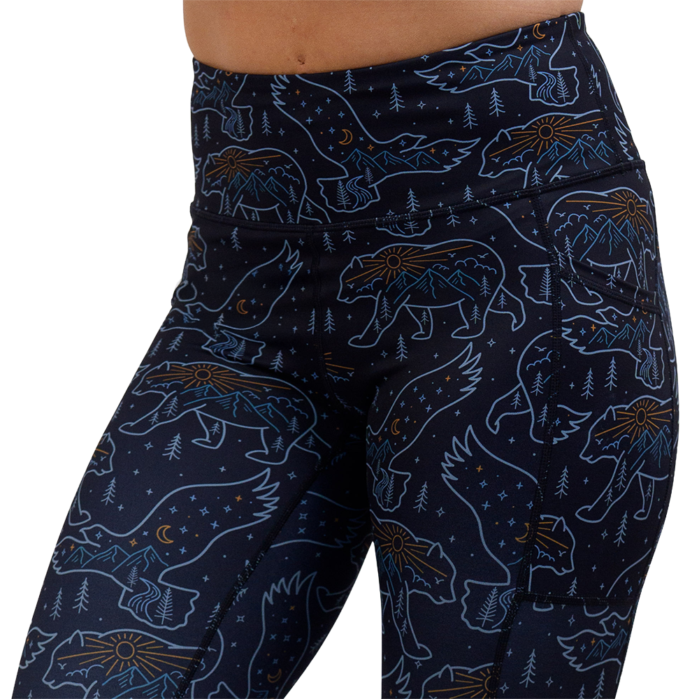 close up of the bird and bear outlines leggings facing the front against a white background