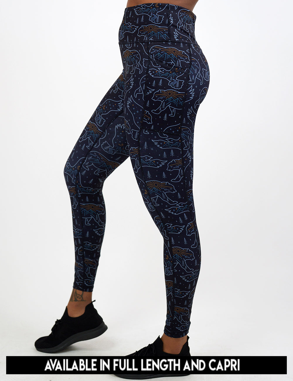 available lengths for the bird and bear outlines leggings, lengths include full length and capri