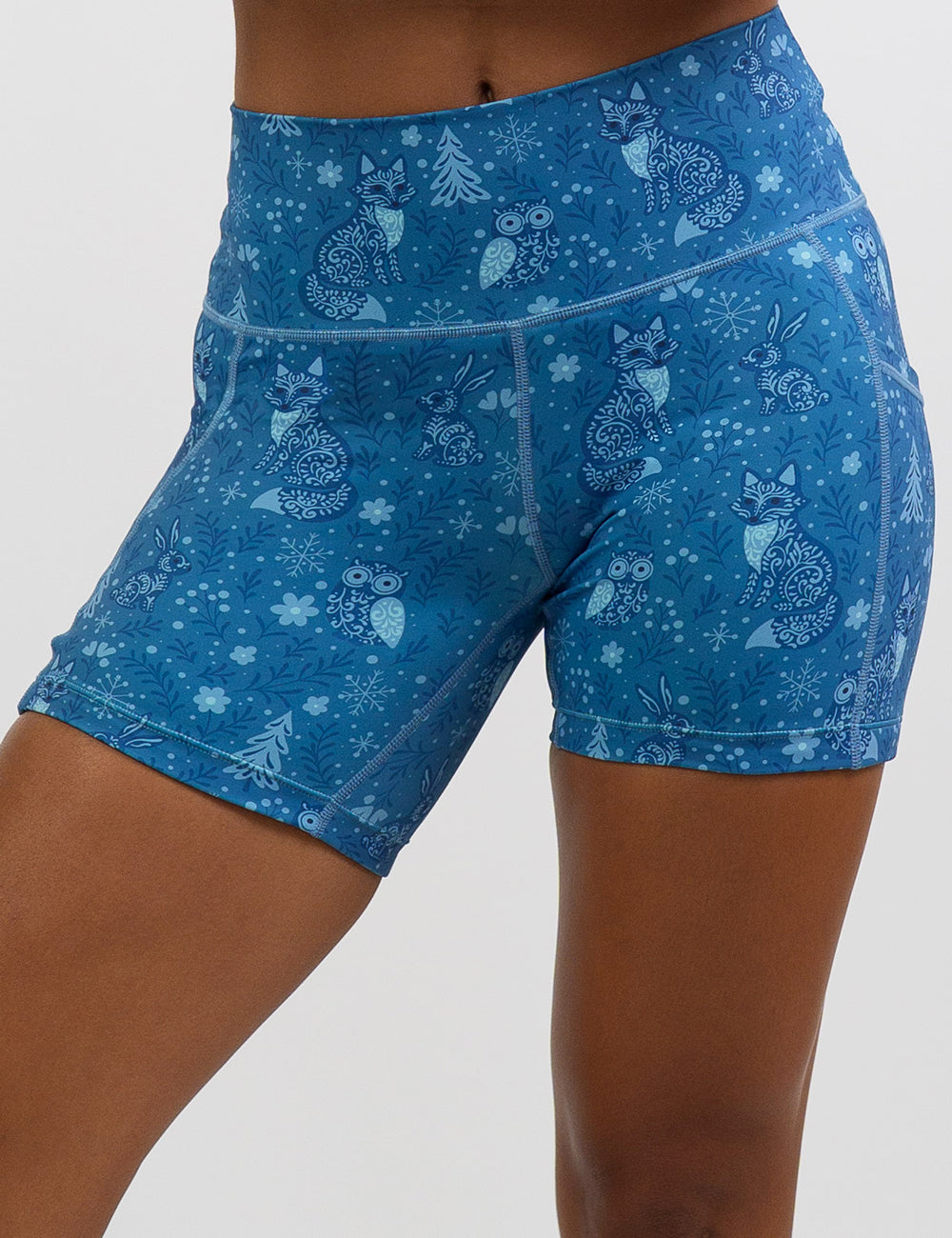 front of the 5 inch blue foxes, owls, and bunnies in a winter landscape shorts against a white background