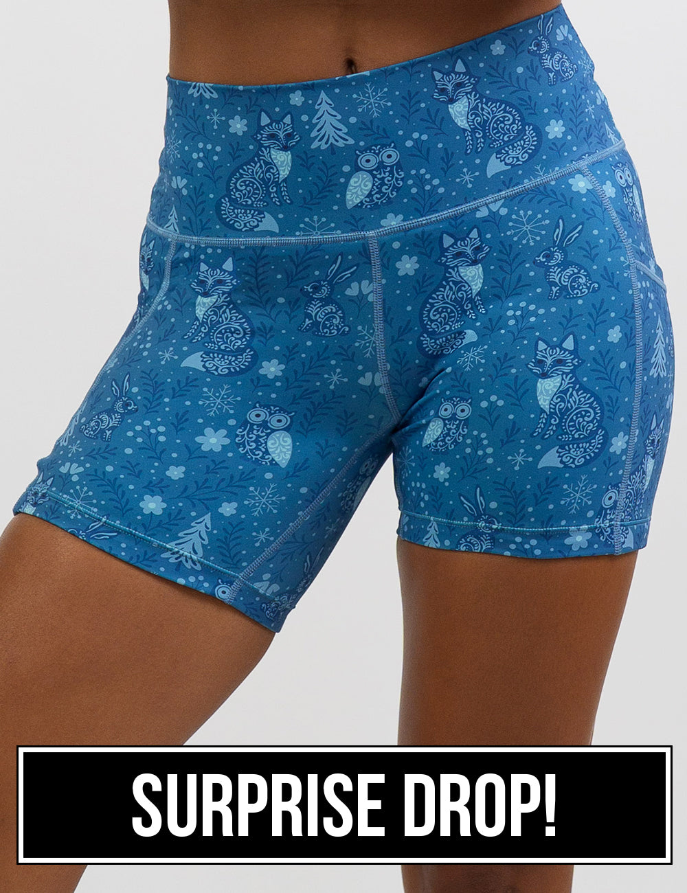 front of the blue foxes, owls, and bunnies in a winter landscape 5 inch shorts surprise drop