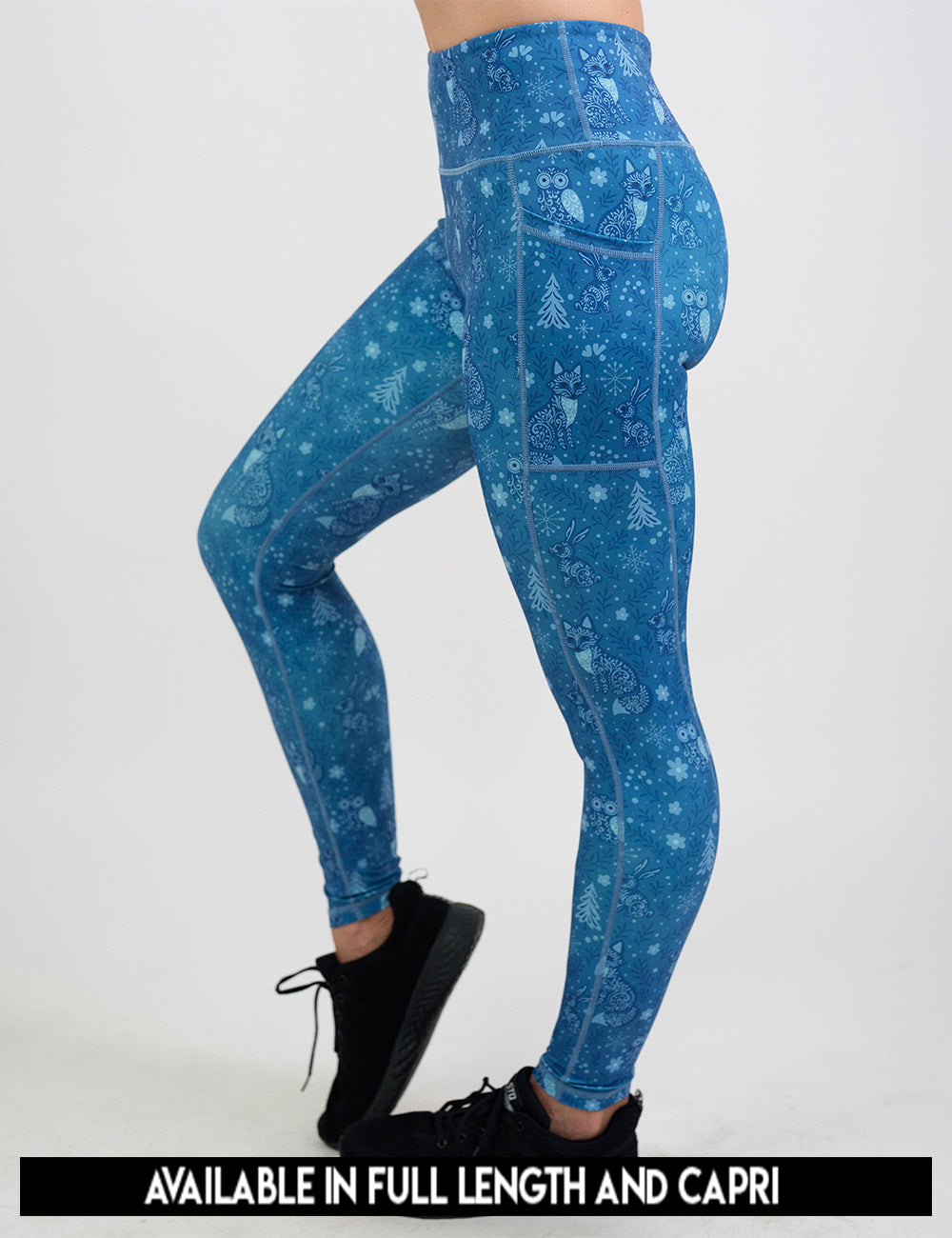 available lengths for the blue foxes, owls, and bunnies in a winter landscape leggings, lengths include full length and capri