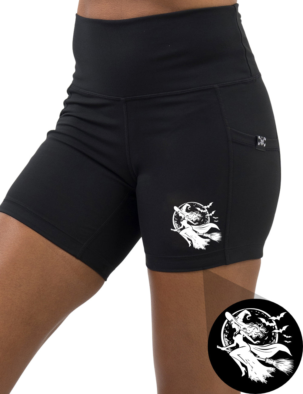 front of the white outline witch riding a broom stick graphic 5 inch shorts