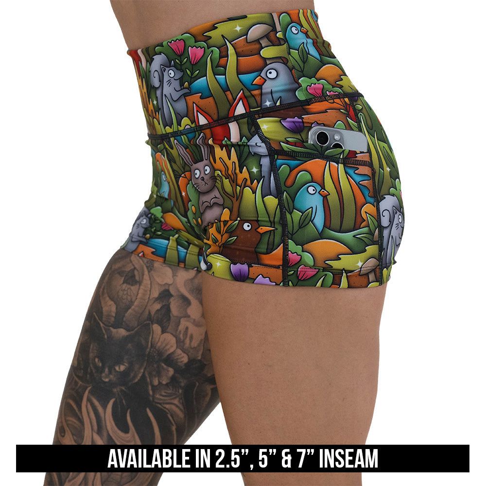wild animal cartoon print shorts available in 2.5, 5 & 7 inch inseams