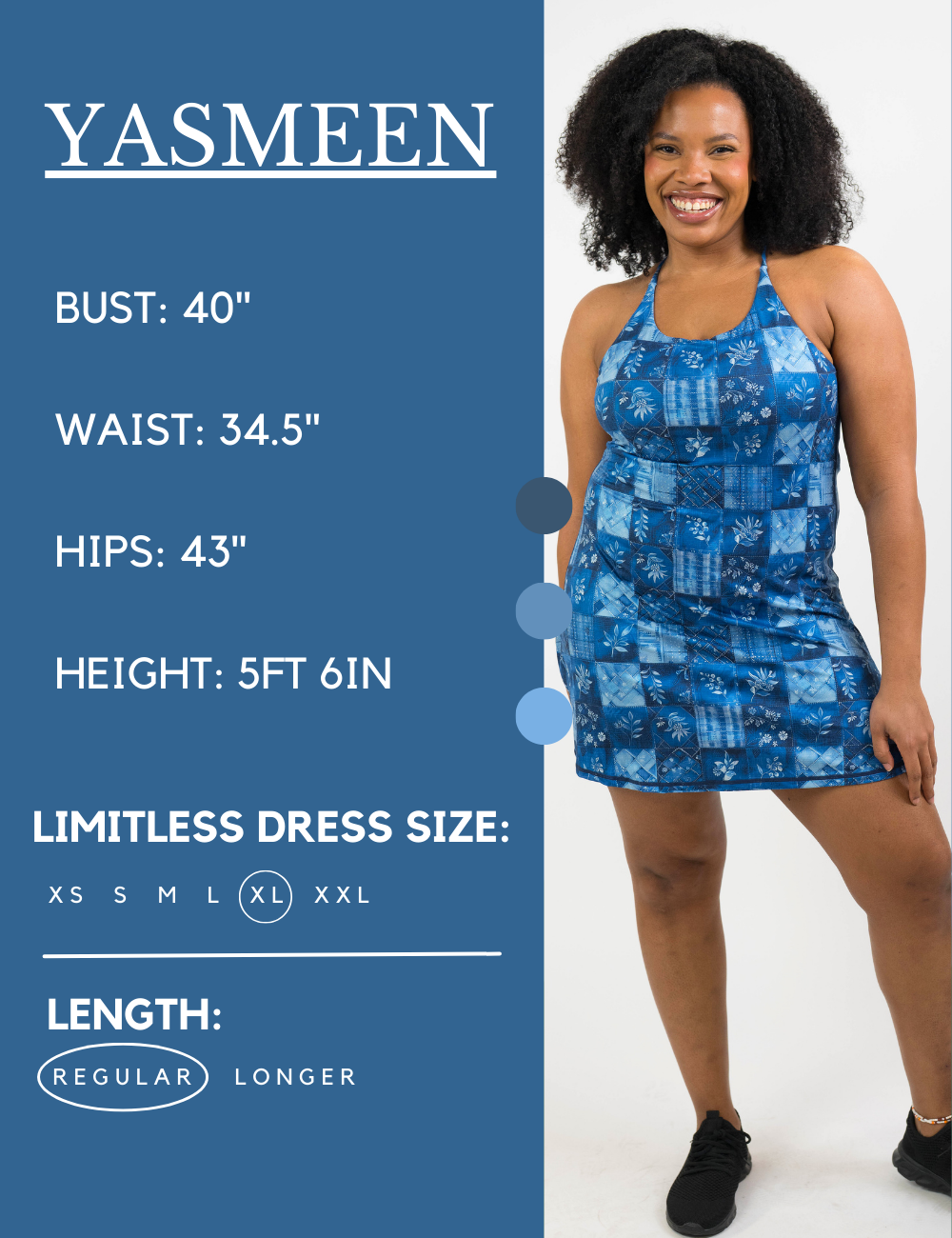 Model’s measurements of 40” bust, 34.5” waist, 43” hips and height of 5 ft 6 inches. She is wearing a size extra large in our regular length limitless dress