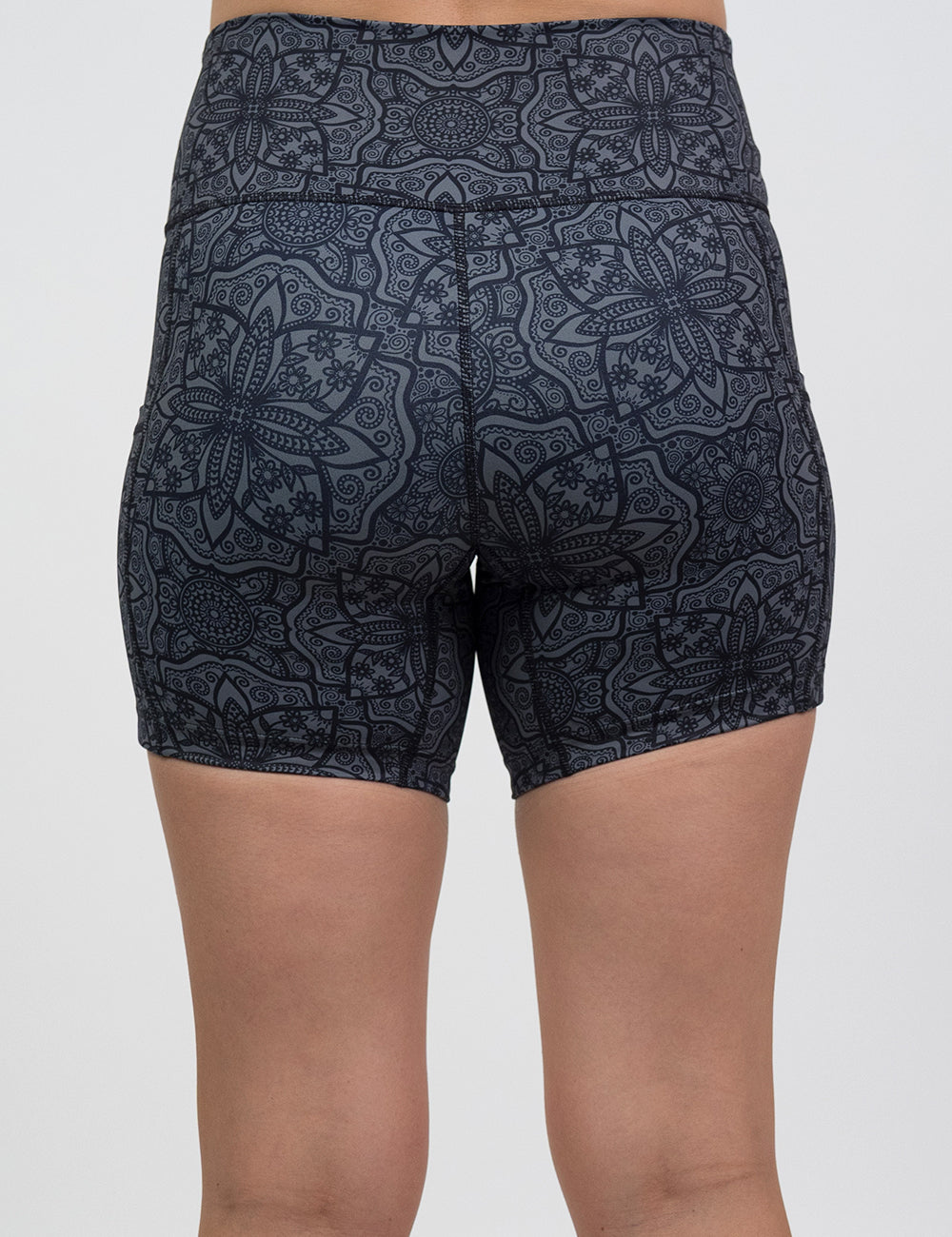 back of the 5 inch black mandala pattern shorts against a white background