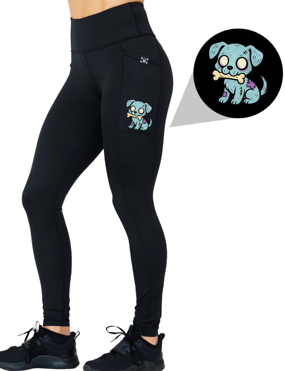 front of the zombie dog with a bone graphic full length leggings