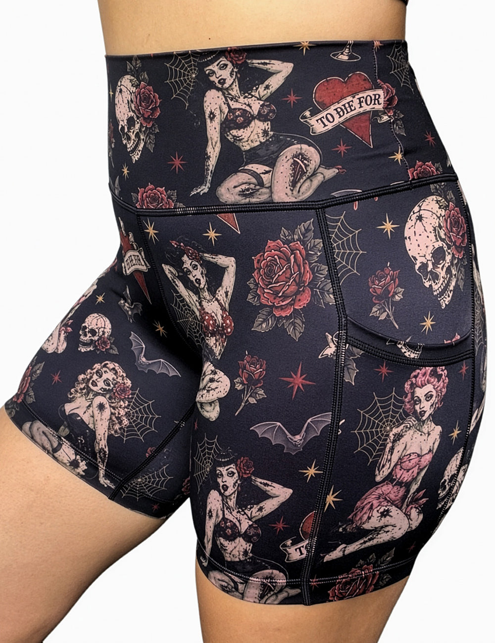 front of the zombie girls with pin up hair and traditional tattoo designs 5 inch shorts against a white background