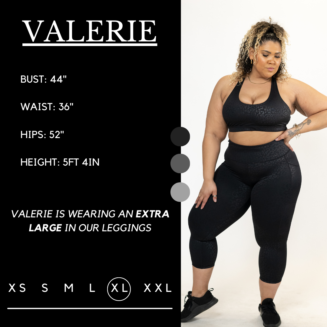 Graphic of an athletes measurements. Val has a bust of 44", waist of 36", hips of 52", and is 5ft 4inches. She wears an XL in our leggings.