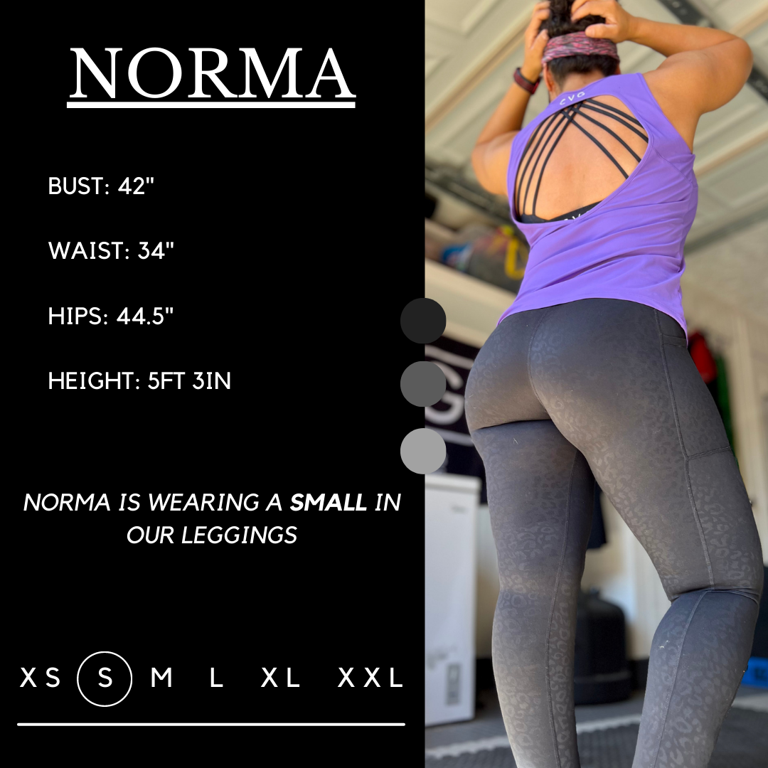Graphic of an athletes measurements. Norma has a bust of 42", waist of 34", hips of 44.5", and is 5ft 3inches. She wears a S in our leggings.