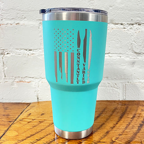 30oz light blue tumbler with cvg distressed flag design