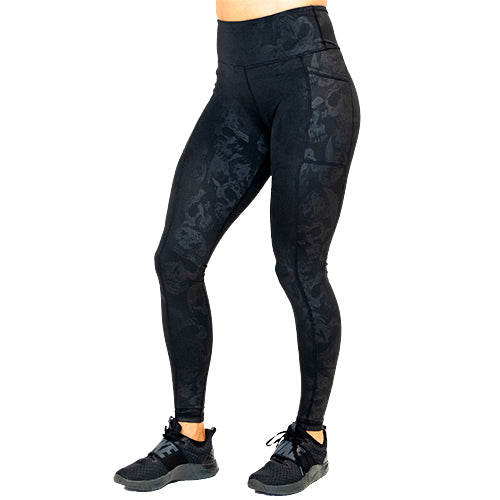 front view of full length black on black color skull print leggings